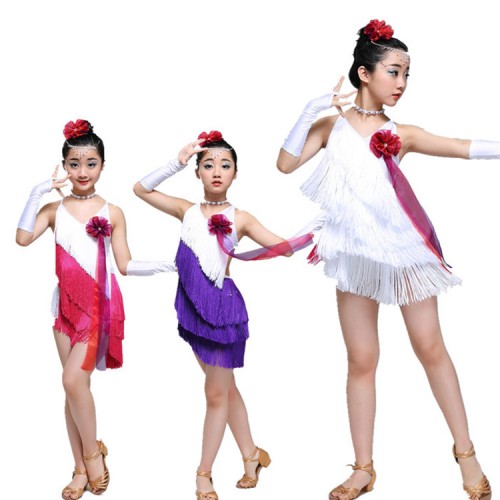 Girls latin dress for children performance competition salsa rumba white pink violet fringes dance dress